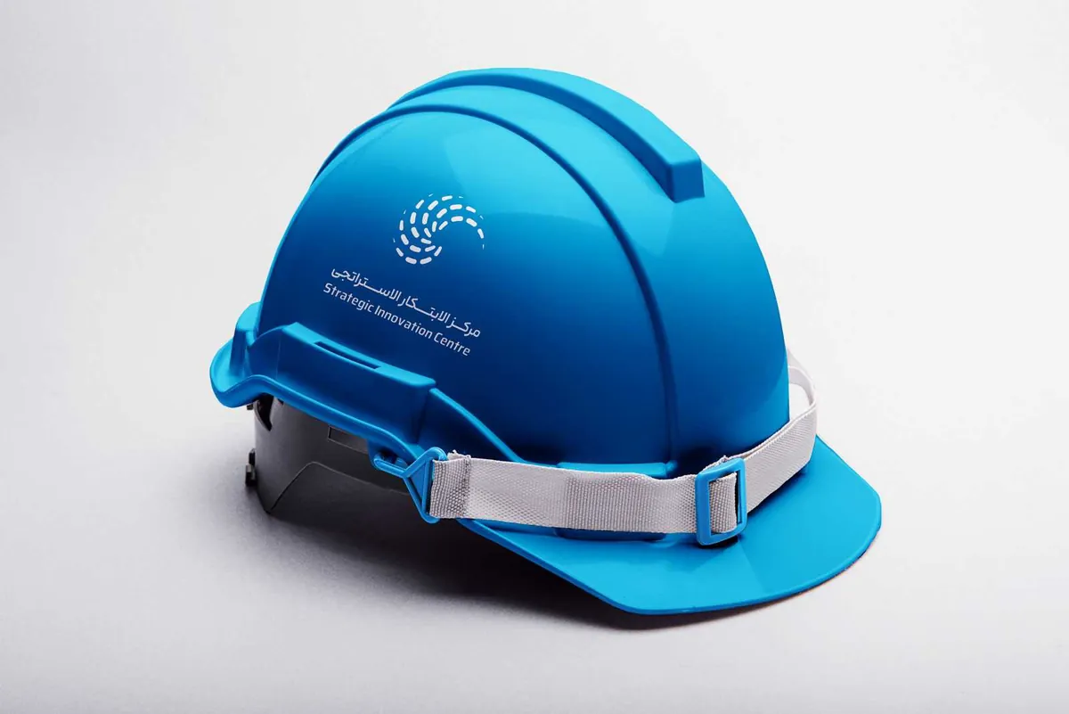 A safety helmet carrying the Strategic Innovation Centre logo